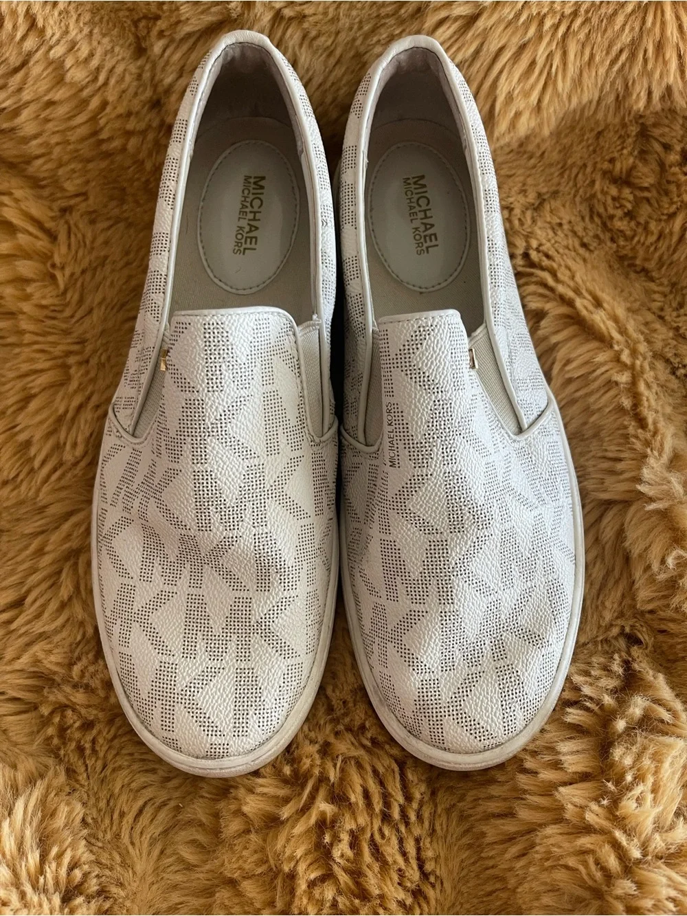 Michael Kors White and Gold MK Logo Slip-On Sneakers